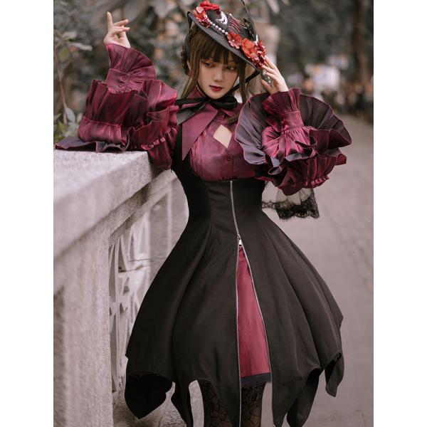 ゴシックロリータブラウスバーガンディロングスリーブボウフリルポリエステルロリータシャツ
