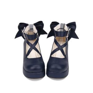 スウィートロリータシューズボウステッピーバックルウェッジヒールホワイトロリータシューズ