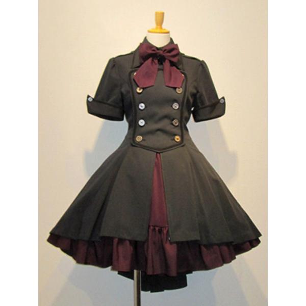 ゴスロリ軍服ワンピース　OPドレス　ボタン　リボン　制服コスプレ　フリル　ツートン　アイドル衣装　ハ...