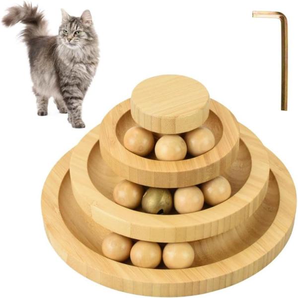 ぐるぐるボールタワー 猫用おもちゃ ボールが落ちない 運動不足解消 ストレス発散 鈴付き 3層 竹製