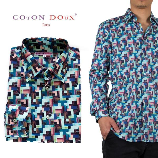 シャツ フランス 柄シャツ メンズ 長袖 レトロ プリントシャツ 60年代 70年代 80年代 映画...