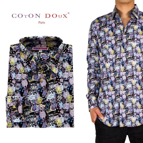 シャツ フランス 柄シャツ メンズ 長袖 カード トランプ  プリント 派手シャツ デザインシャツ ...