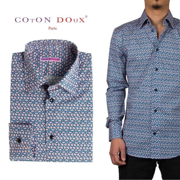 プレッツェル フランス 柄シャツ メンズ 長袖 ブルー ピンク お洒落 ブランド 派手シャツ Cot...