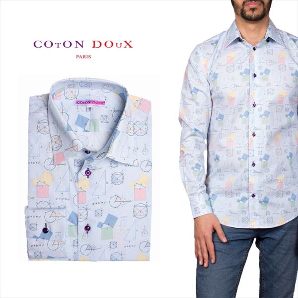 フランス 柄シャツ  カジュアルシャツ ドレスシャツ メンズ 長袖   図形 数学 ユニーク プリン...