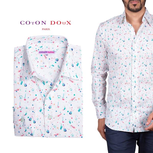 フランス 柄シャツ カジュアルシャツ メンズ 長袖   楽器 派手 可愛い レトロ ポップアート イ...