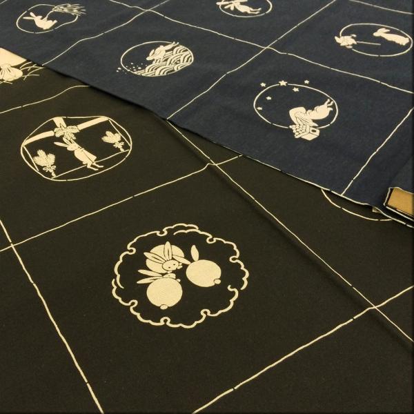 うさぎ 生地 和柄 レトロ 布 あづみ野木綿 兎の春夏秋冬 大柄 パネル販売 黒 紺 布地 110c...