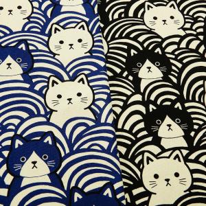 生地 和柄 猫柄 青海波猫 フェイス オックス 紺 黒 系 ねこ 布地 商用利用可 メール便2mまで