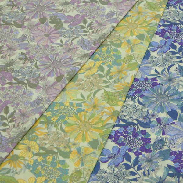 布 生地 花柄 80ローン 高密度プリント リバティ風 布 黄色 紫 青 系 服地 布地 110ｃｍ...