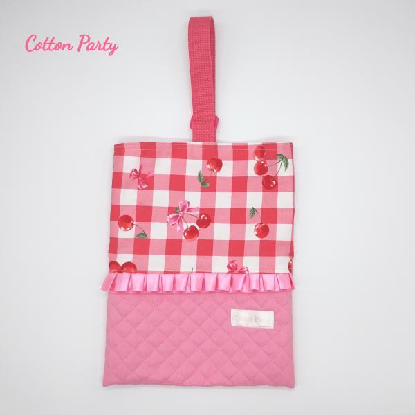 サクランボとチェック柄のレース付きシューズバック