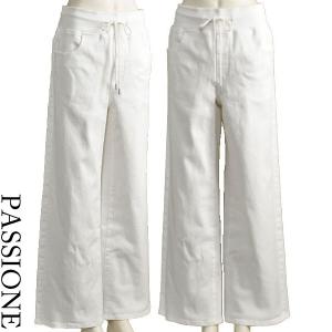 パシオーネ ワイド デニム レディース ジーンズ ホワイト 白 ストレッチ 40代 50代