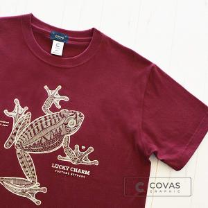 【SALE】【セール】　COVAS GRAPHIC Tシャツ 幸福カエル ワインレッド 301338-68 ユニセックス 半袖 プリントTシャツ 蛙 和柄｜covas