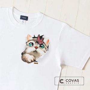 【NEW】ユニセックス Tシャツ　"猫と蝶"　ホワイト　349453-10　半袖 プリント COVAS GRAPHIC｜covas