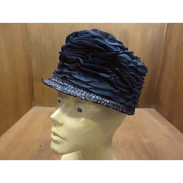 ビンテージ50&apos;s60&apos;s●レディースフリル×ストローヘッドドレス紺●220426i5-w-hd 1...