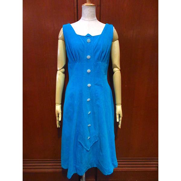 ビンテージ50's60's●コーデュロイノースリーブワンピース水色size 15●230512c5-...