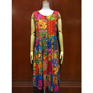 ビンテージ50's60's○ハイビスカス柄コットンノースリーブワンピース赤