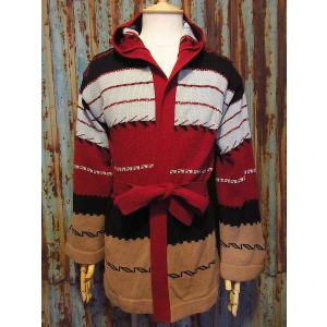 古着　ヴィンテージ　vintage ガウン　デザインガウン　パイル地　個性派 ビンテージ70's○ネイティブ柄アクリルニットガウンsize 14○250111j5