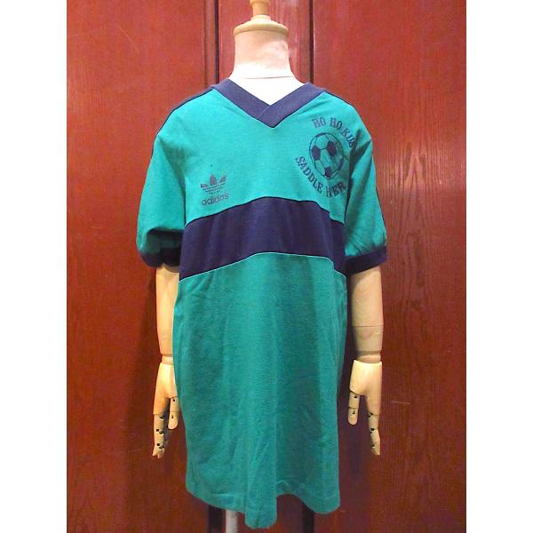 ビンテージ80's●キッズadidas HO HO KUSサッカーVネックプリントTシャツ緑size...