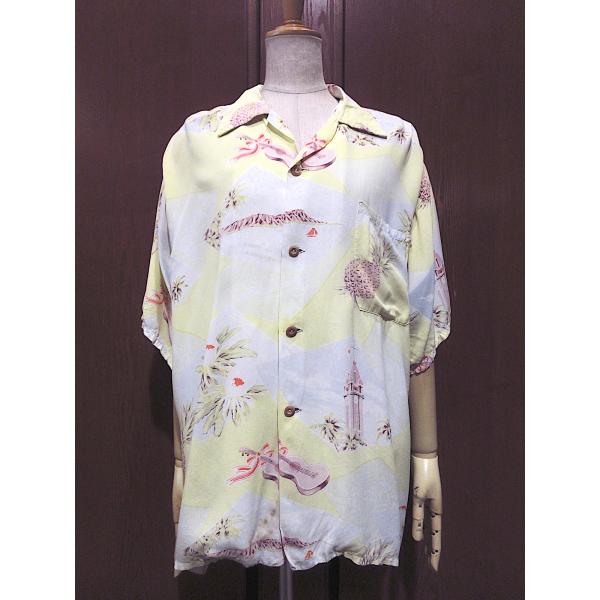 ビンテージ40’s50&apos;s●Hookanoウクレレ柄レーヨンハワイアンシャツsize L●25082...