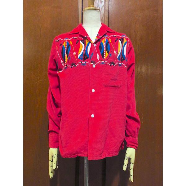 ビンテージ50’s●Kayneeプリントコーデュロイ長袖ループカラーシャツsize 16●25100...
