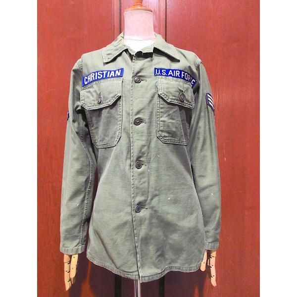 ビンテージ60's●USAFコットンサテンユーティリティシャツオリーブグリーンsize 14 1/2...