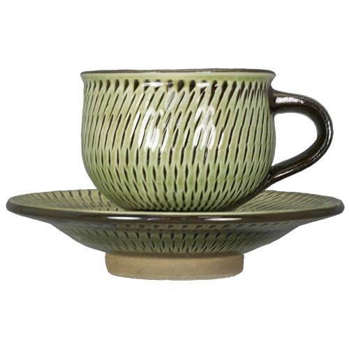 和食器 小鹿田焼 黒木昌伸窯 カップ＆ソーサー 160cc 飛び鉋 緑