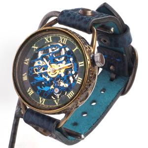 KINO（キノ） 手作り 腕時計 自動巻き 裏スケルトン メカニックブルー 真鍮ケース /メンズ レディース 青 文字盤 おしゃれ 牛革 レザー ベルト K-15-MBL-BR｜craftcafe