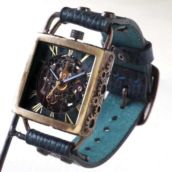 KINO（キノ） 手作り腕時計 自動巻き 裏スケルトン メカニックブラックスクエア ブルー/メンズ ...
