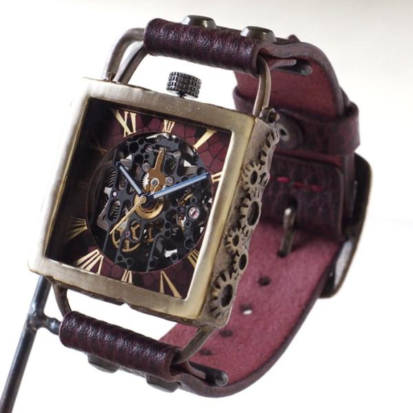 KINO（キノ） 手作り腕時計 自動巻き 裏スケルトン メカニックブラックスクエア ワインブラウン/...