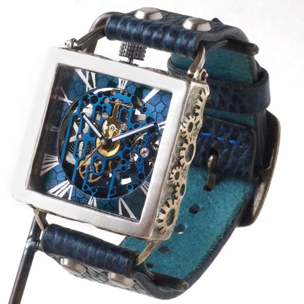 KINO（キノ） 手作り 腕時計 自動巻き 裏スケルトン メカニックブルースクエア シルバーケース ...