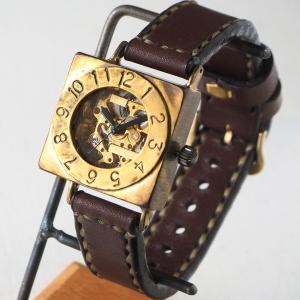手作り腕時計 ハンドメイド 渡辺工房 自動巻きスクエア 裏スケルトン LEFT 手縫いベルト/メンズ レディース ユニセックス 男女兼用
