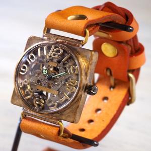 手作り腕時計 ハンドメイド 渡辺工房 手巻き式 裏スケルトン スクエア 36mm ジャンボブラス 立体数字＆刻印数字/メンズ レディース ユニセックス 男女兼用