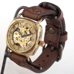 機械式 手巻き腕時計 クッションケース 34mm アラビア数字 ミシンステッチ 牛革 ベルト/メンズ レディース ペア ウォッチ シースルー スケルトン スクエア