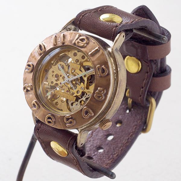 機械式 手巻き腕時計 42mm銅ベゼル×真鍮ケース ミシンステッチベルト 牛革 ベルト/メンズ レデ...