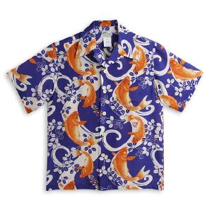 FUKUWAUCHI 抱き鯉柄 アロハシャツ 半袖 和柄 シルク30％ コットン70 