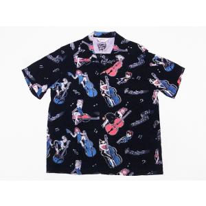 STAR OF HOLLYWOOD[スターオブハリウッド] オープンシャツ SH38114 DOUBLE BASS PINUPS by VINCE RAY 半袖 オープンカラーシャツ (ブラック)｜cream05