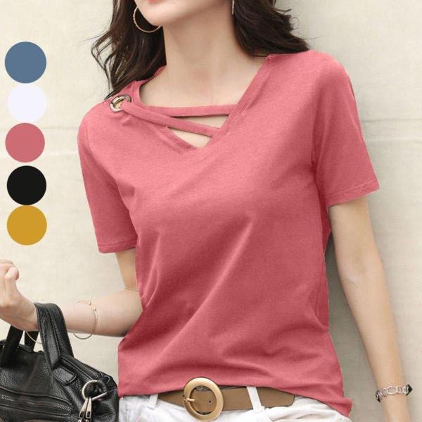 Tシャツ コットン綿vネック レディース シンプル 女性らしい作りと 通勤Tシャツ レディース スト...