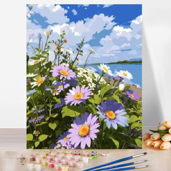 油絵 絵画 壁掛け 大人の塗り絵 セット インテリア 美術品 マーガレットと青空 DIY絵 キャンバ...