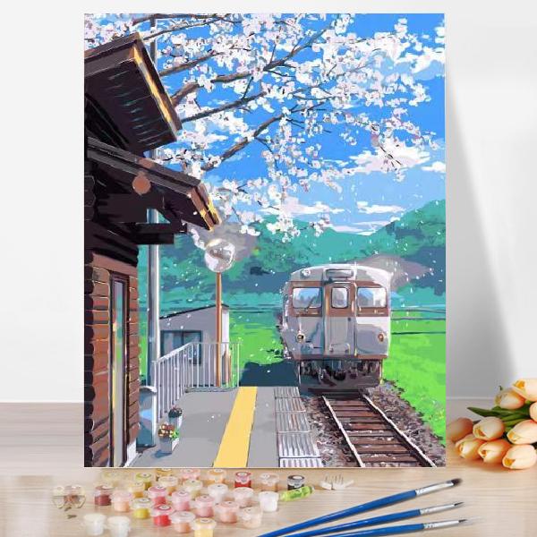 油絵 絵画 壁掛け 大人の塗り絵 セット インテリア 美術品 桜と電車 DIY絵 キャンバス 数字 ...