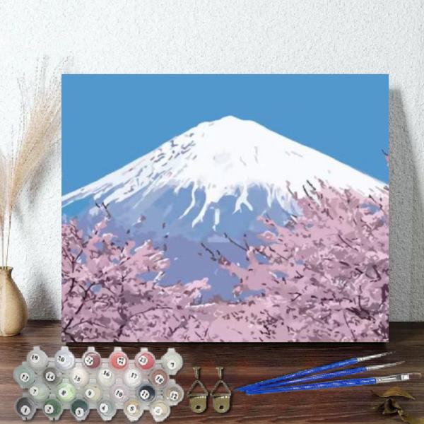 油絵 絵画 壁掛け 大人の塗り絵 セット インテリア 美術品 桜満開の富士山 DIY絵 キャンバス ...