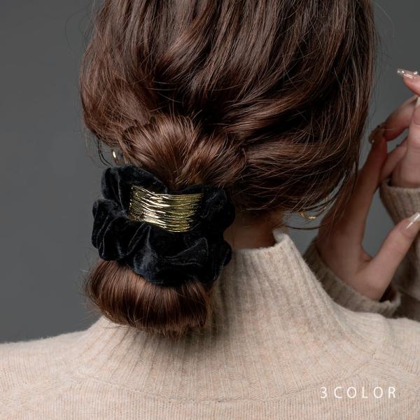 【全品送料無料⇒11月30日23：59迄】シュシュ ヘアゴム ベロア ベルベット メタル 凹凸加工 ...