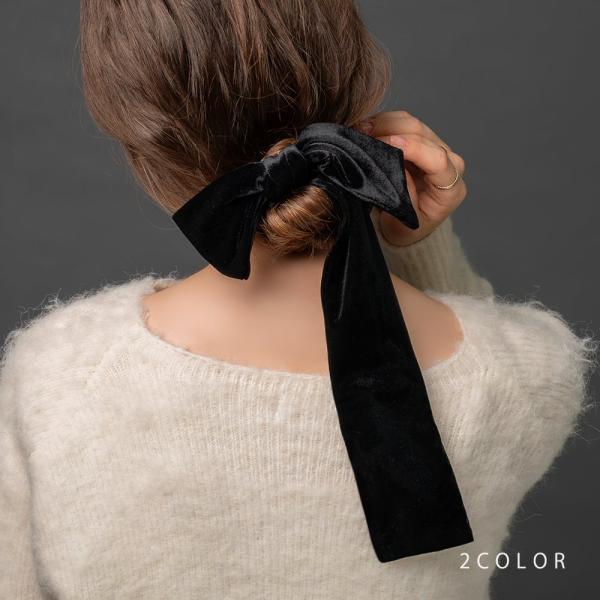 ポニーフック ベロア リボン ベルベット ロング 光沢感 アシンメトリー 調整可能 ボリューム 大き...
