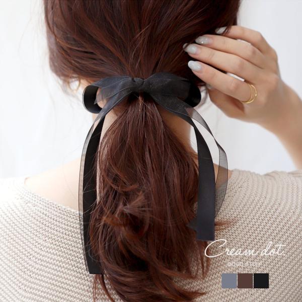 ポニーフック ヘアフック ヘアカフス ヘアゴム 髪留め まとめ髪 リボン ロングリボン オーガンジー...