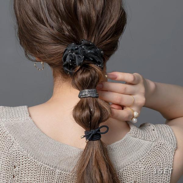 3点セット ヘアゴム シュシュ シアー ラメ 透け感 リボン ヘアアクセ ヘアアレンジ 簡単 まとめ...