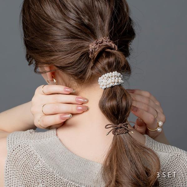 3点セット ヘアゴム リボン パール ミニフリル ヘアアクセ ヘアアレンジ 簡単 まとめ髪 髪留め ...