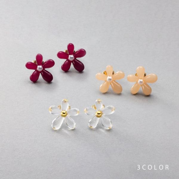 ピアス チタンポスト 低アレルギー レディース 花 フラワー ぷっくり 花びら メタルボール パール...