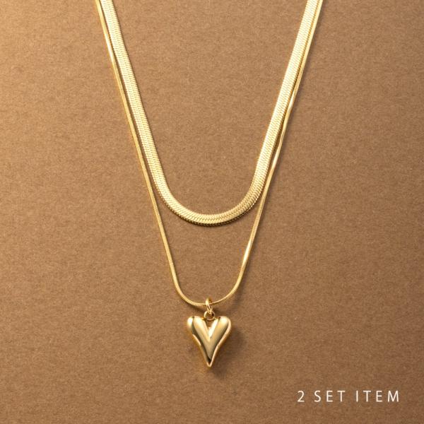 ステンレス製 2点セット ネックレス 金属アレルギー ショート チェーン 平 ハート ぷっくり 3w...