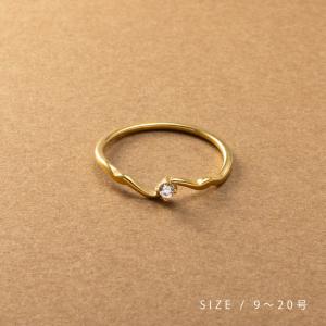 サージカルステンレス リング 指輪 金属アレルギー つけっぱなし ウェーブ 波 ライン ビジュー 一粒 細い 華奢