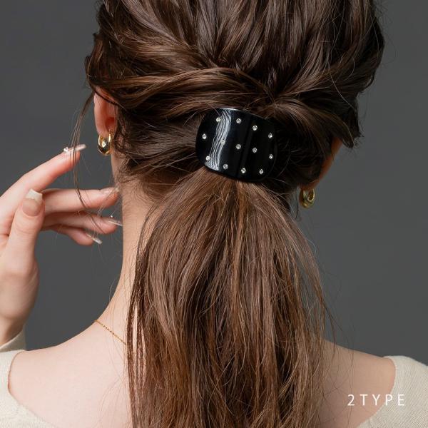 ヘアゴム 大人っぽい ドット ビジュー 2タイプ ブラックプレート カーブ オーバル スクエア ドッ...