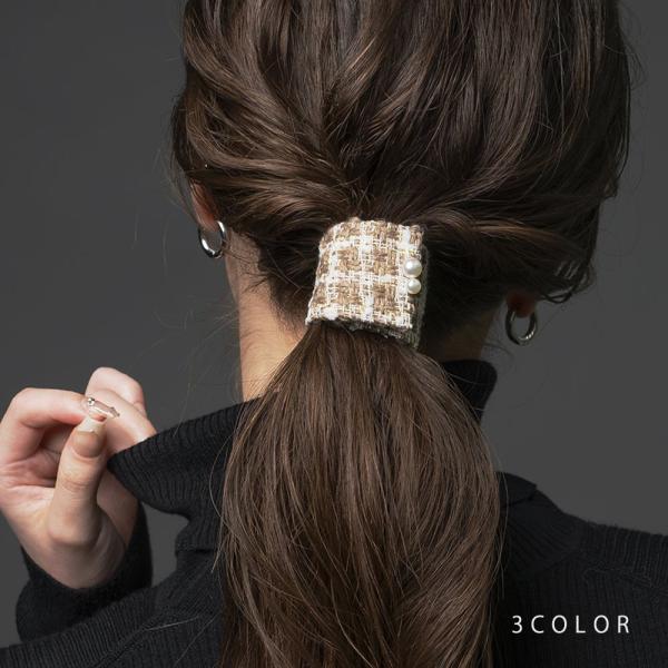 ポニーフック ヘアゴム ツイード調 パール ラメ 巻きつけ式 マグネット ヘアアクセサリー 髪留め ...