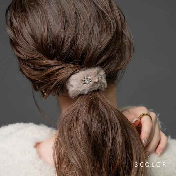 ポニーフック ヘアゴム フェイクファー ビジュー パール カーブ ワンタッチ 簡単 ヘアアクセサリー...
